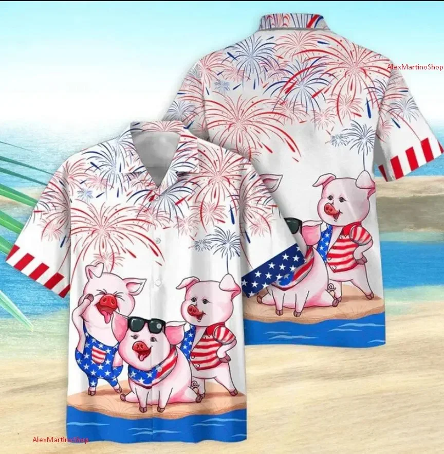

2026 New Summer Clothing - Hawaiian Style Shirt 3D Printed Sunglasses Piglet Print Men's and Women's Matching Loose Cool