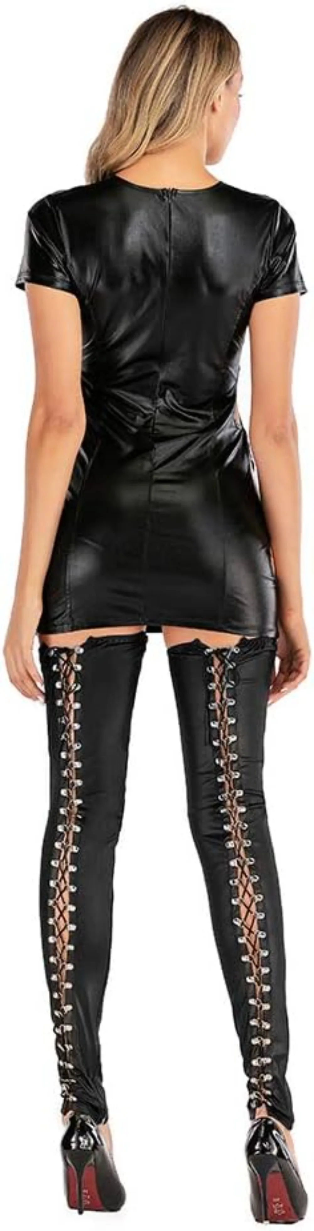 Damen Leder Overknee Gothic Punk Schnür-Leggings aus PU-Leder, Rock Club Moto Leggings – Detail 3