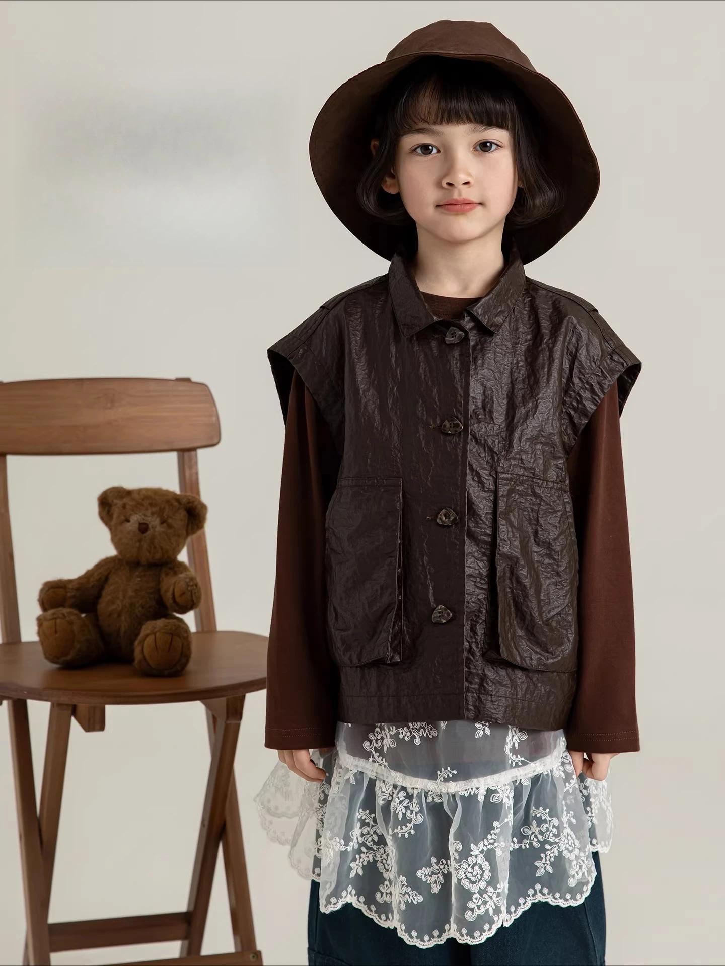 Girls 2026 Spring New Tech Layered Sleeveless Vest Versatile Cool Edgy Kids Outerwear Ages 4-10