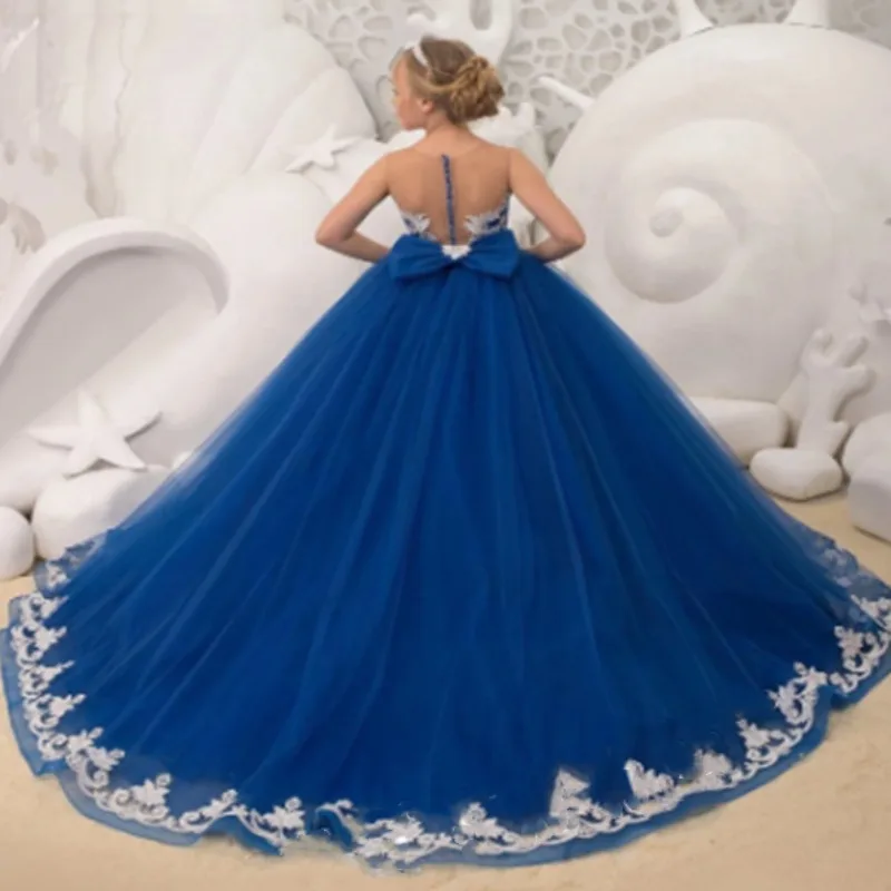 Flower Girl Dresses Royal Blue Puffy  Long Princess Lace Girl Birthday Party Girl Gowns for Wedding Communion Custom