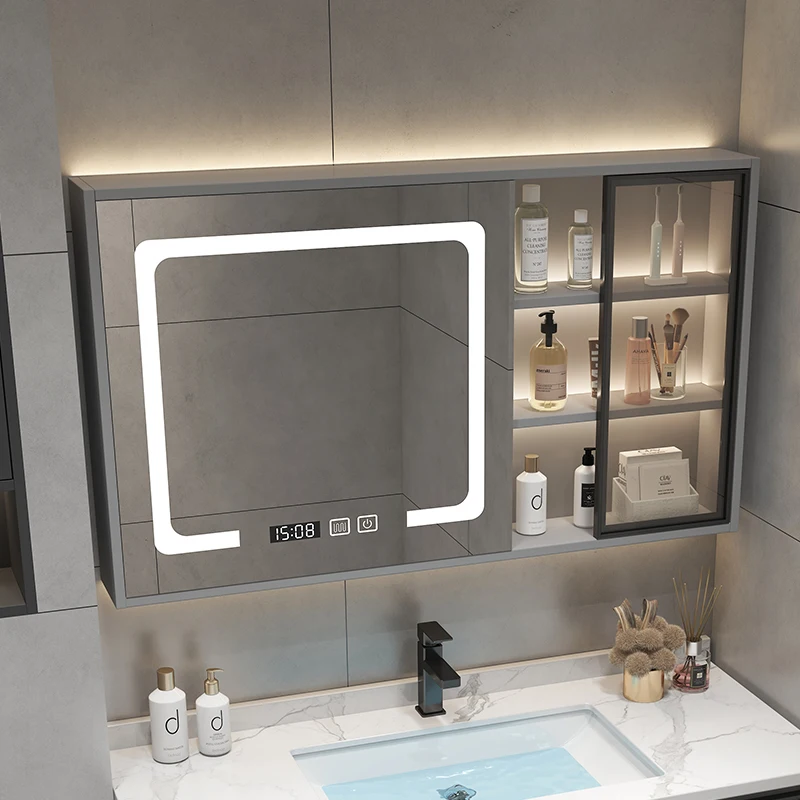 Inteligentna szafka łazienkowa z lustrem z litego drewna Oddzielne lustro łazienkowe montowane na ścianie Szklane drzwi Laminowane światło Odmgławiające lustro