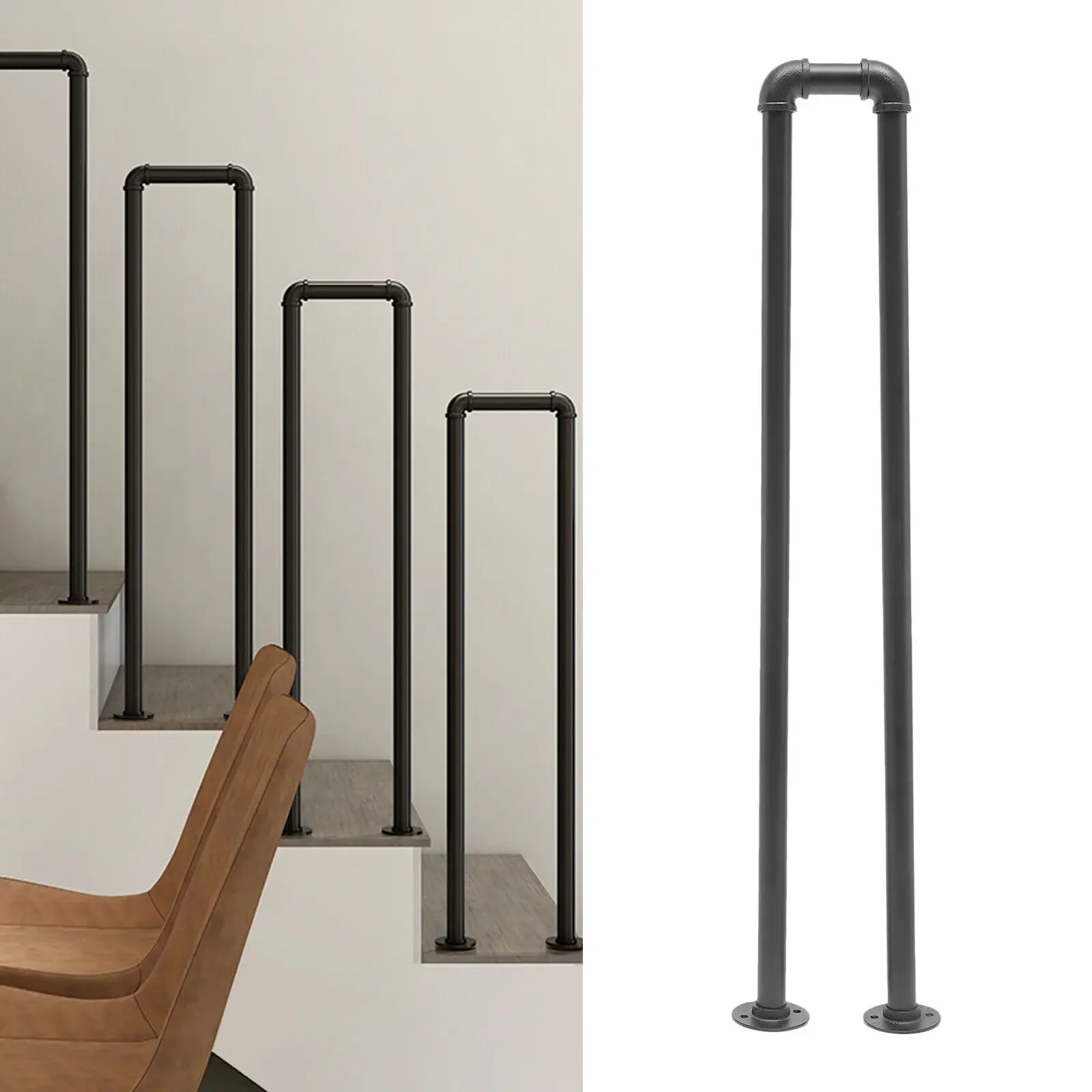 100cm レトロな滑り止め階段手すり – 屋内および屋外の安全のための黒いU字型手すり