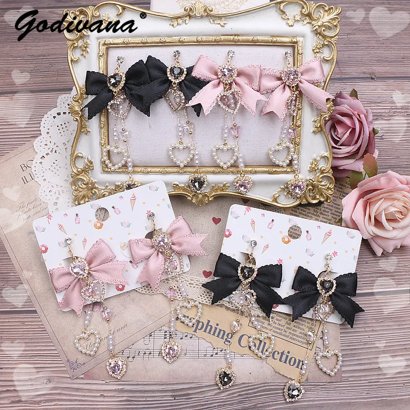 Japanese Sweet Ladies Bow Rhinestone Love Pearl Pendant Long Fringe Earrings Handmade S925 Pearl Earrings Ear Clip for Women