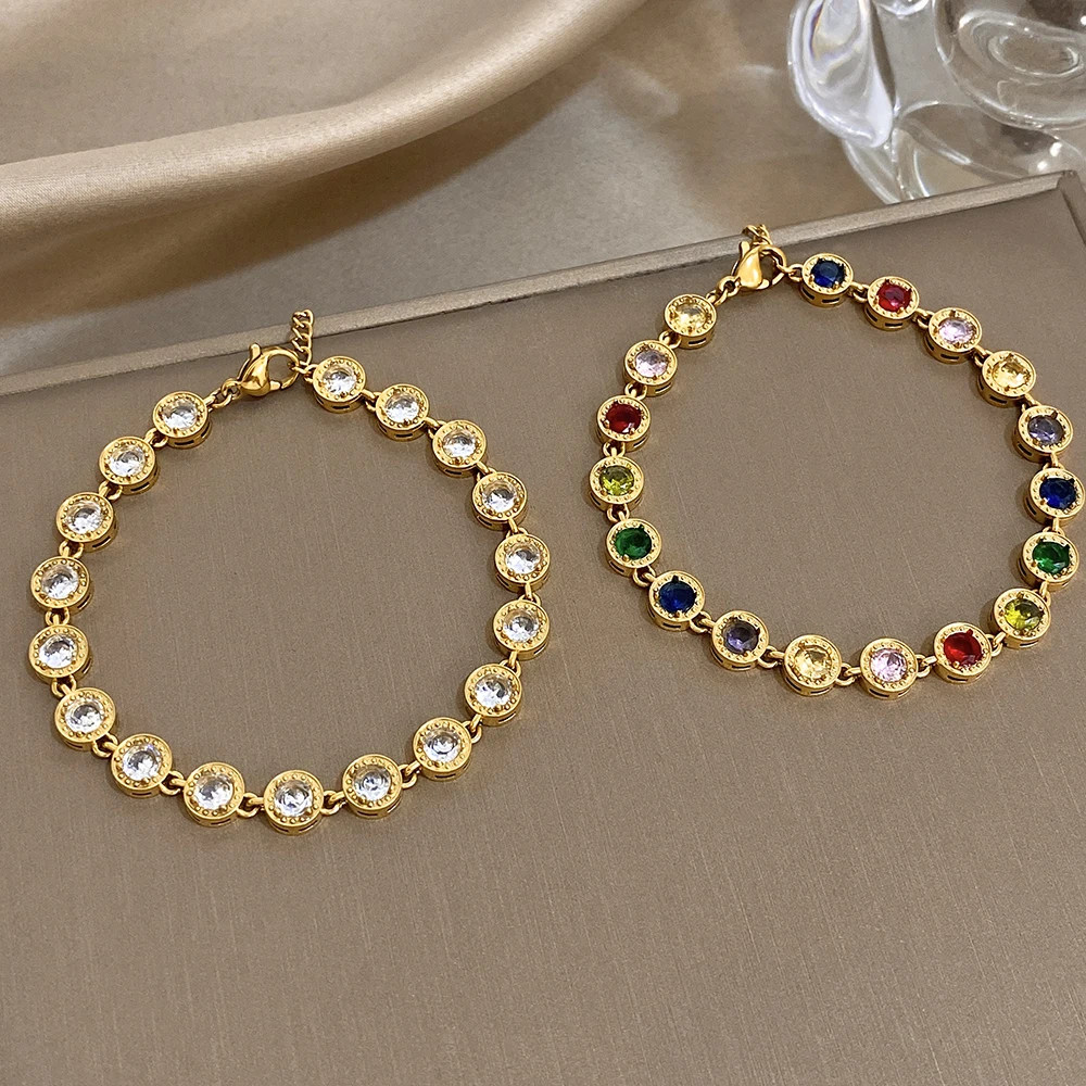 

Exquisite Golden Stainless Steel Chain Bracelet Women Retro Colorful Round Rhinestone Charm Bracelet Party Hand Jewelry Gift