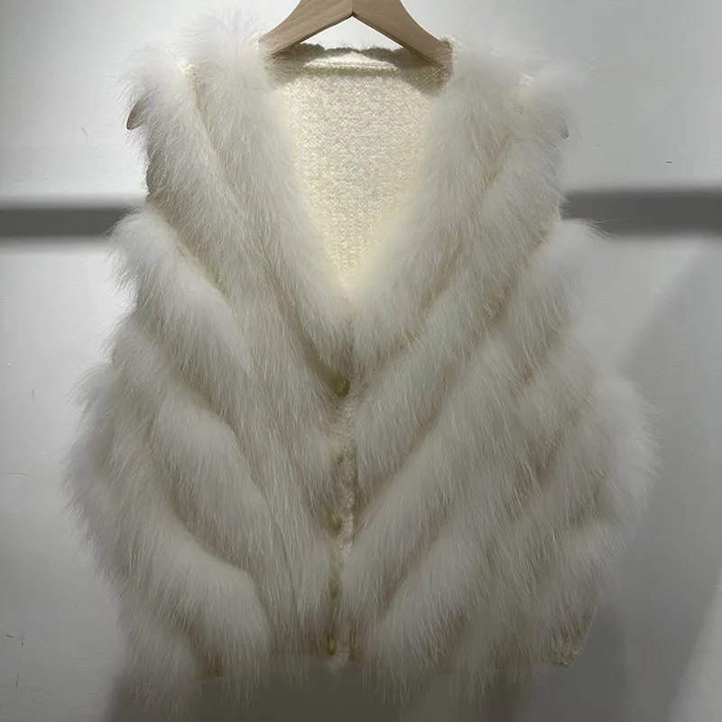 Women Autumn Real Fox Fur Vest Warm V-neck Female Sleeveless Coat With Button Casual Genuine Fur Gilet Fashion Ladies Waistcoat