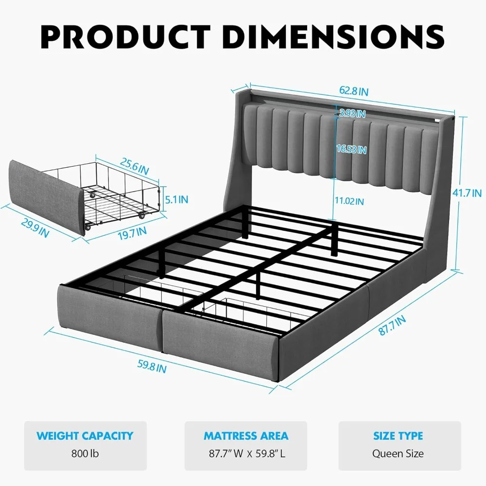 Queen Bed Frame with 2 Storage Drawers, Platform Bed Frame Queen Size with LED Light, Upholstered Headboard, Charging Station, S