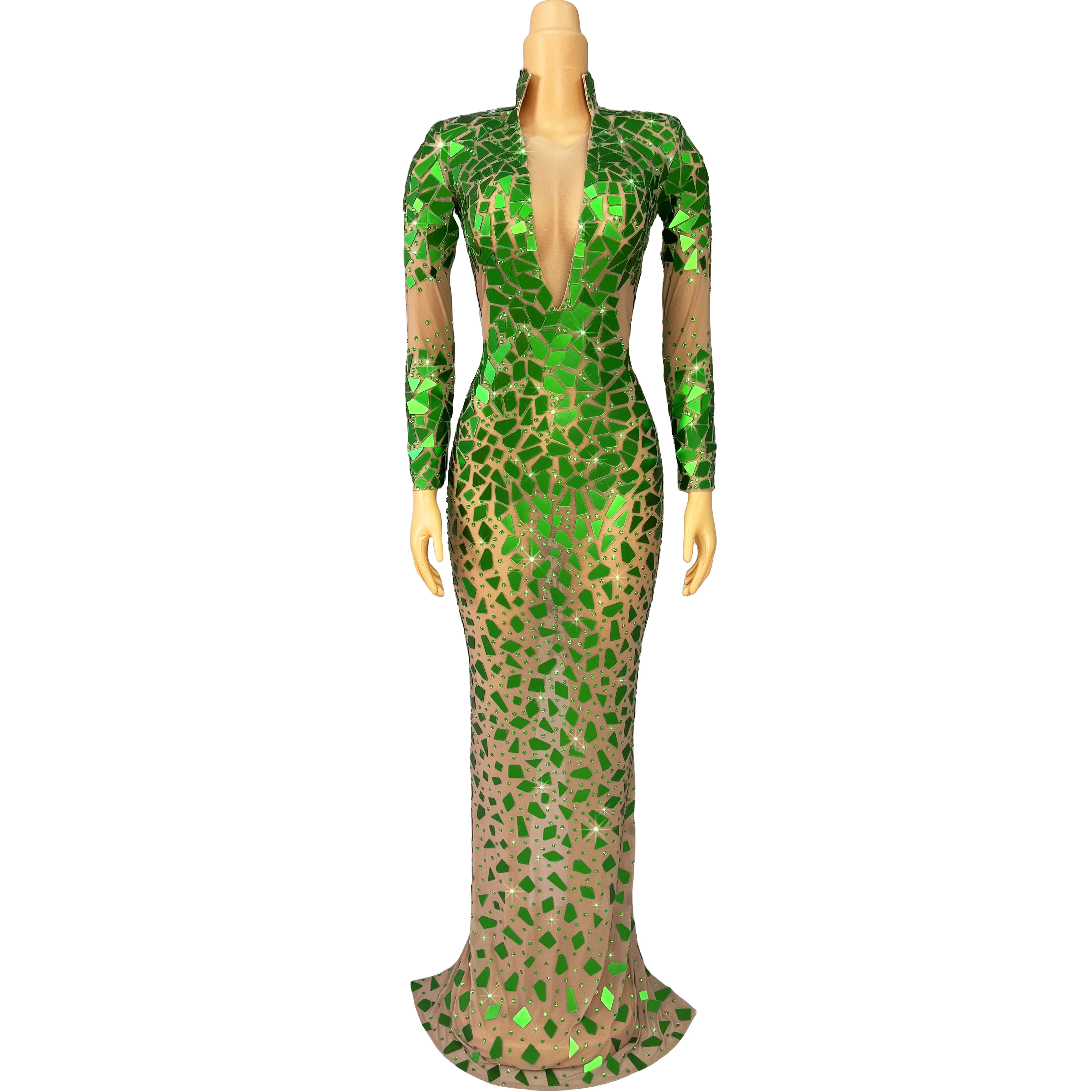 Shiny Green Mirrors Rhinestones High grade Gown Long Sleeves Mesh Dress Evening Prom Outfit Show Stage Perform Costume Feicuijia