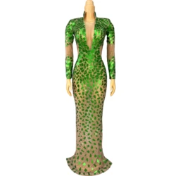 Shiny Green Mirrors Rhinestones High grade Gown Long Sleeves Mesh Dress Evening Prom Outfit Show Stage Perform Costume Feicuijia
