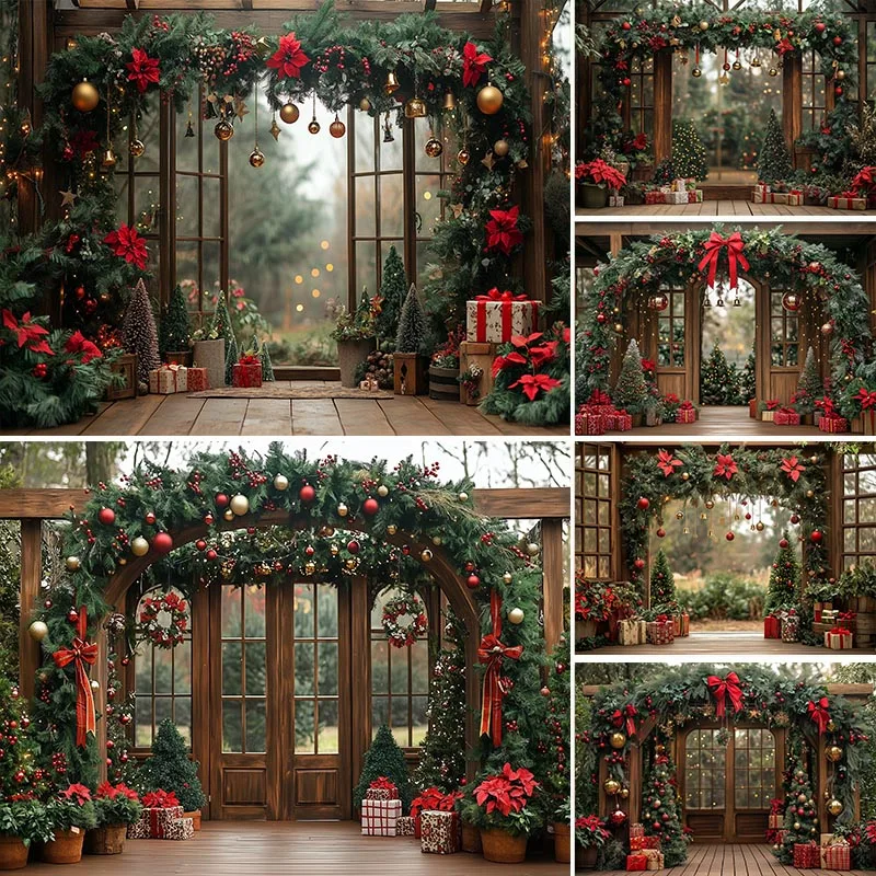 LS Christmas Photography Backdrop Xmas Tree Door Winter Snow Scene Family Newborn Holiday Portrait Photo Booth Backgrounds
