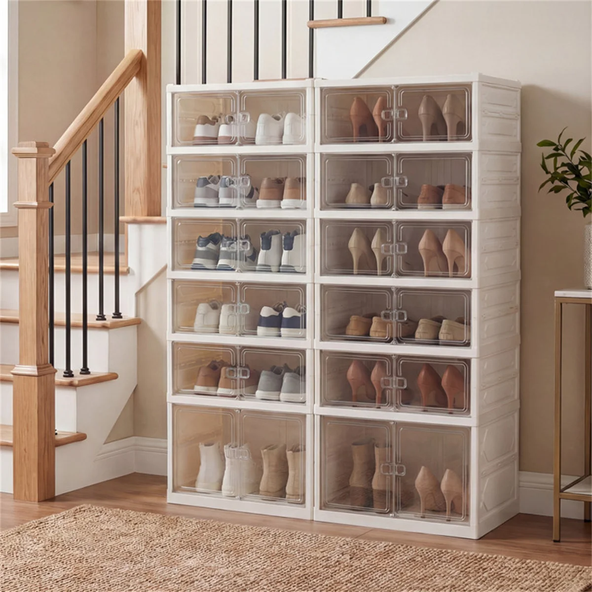 6 Tier Foldable Transparent Shoe Cabinet with Double Doors, Large Capacity Freestanding Shoe Storage Unit, No Assembly Visible Shoe Rack Organizer, Plastic Storage Locker for Entrance Hallway Bedroom Living Room