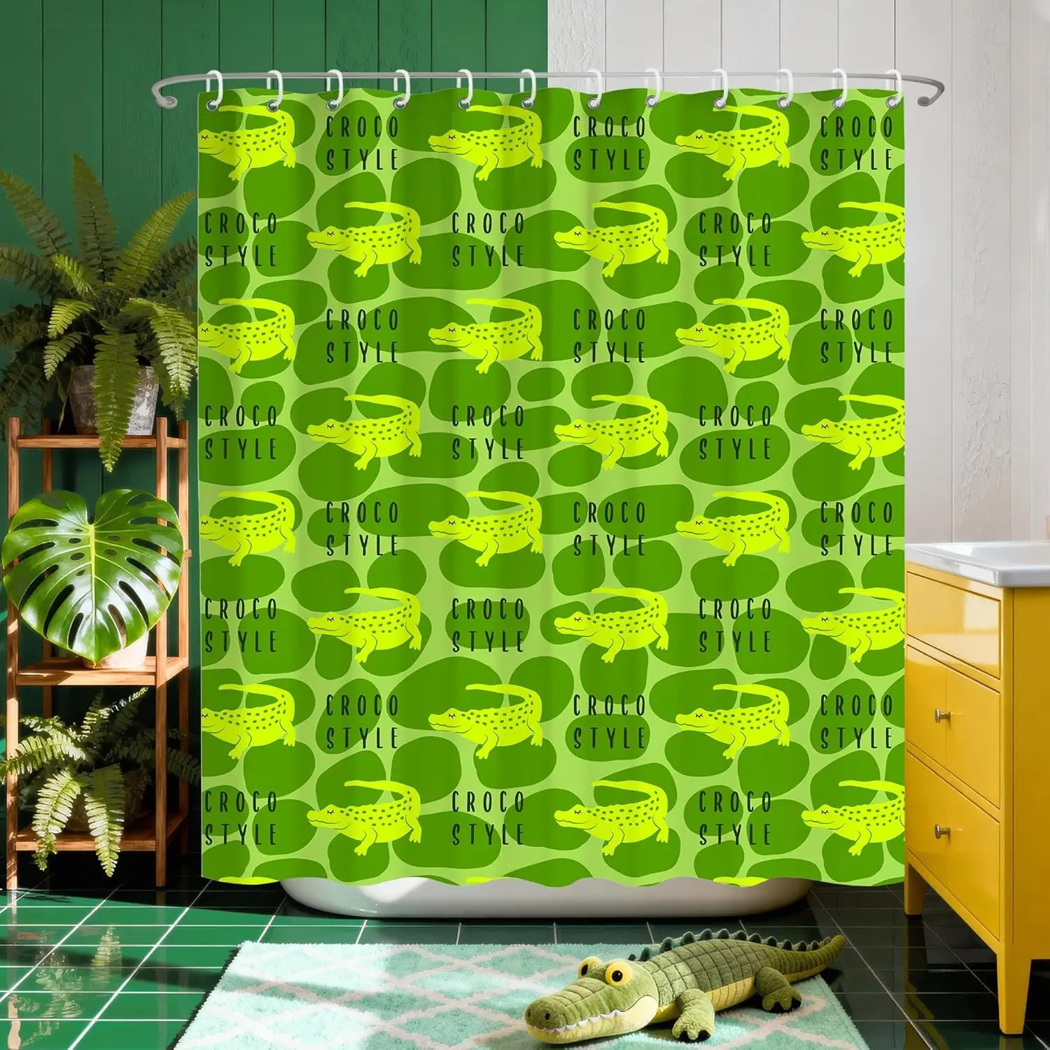 Cute Cartoon Crocodile Shower Curtain, Green Wild Animal Print, Waterproof Polyester Fabric, Funny Aesthetic Home Bathroom Decor