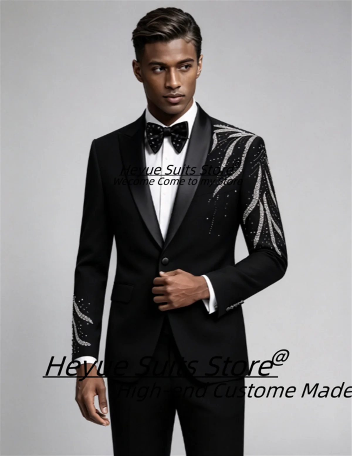 Customized Black Men Suits Customized Slim Fit Satin Peak Lapel Rhinestone Feather Embroidery Groom Wedding Tuxedos 2Pieces Sets