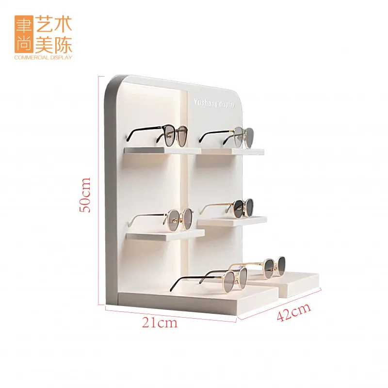 custom.YUSHANG Customizable Design LED Light Eyewear Density Board Table White Spray Painting Eyewear Display Stand