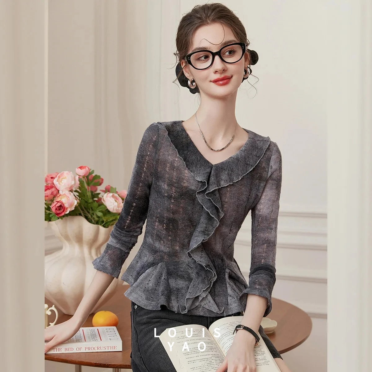 LOUISYAO Sweet Tie Dye Ruffle Long Sleeve T-Shirt Women 2026 Spring Slim Fit O-Neck Stretch Tops