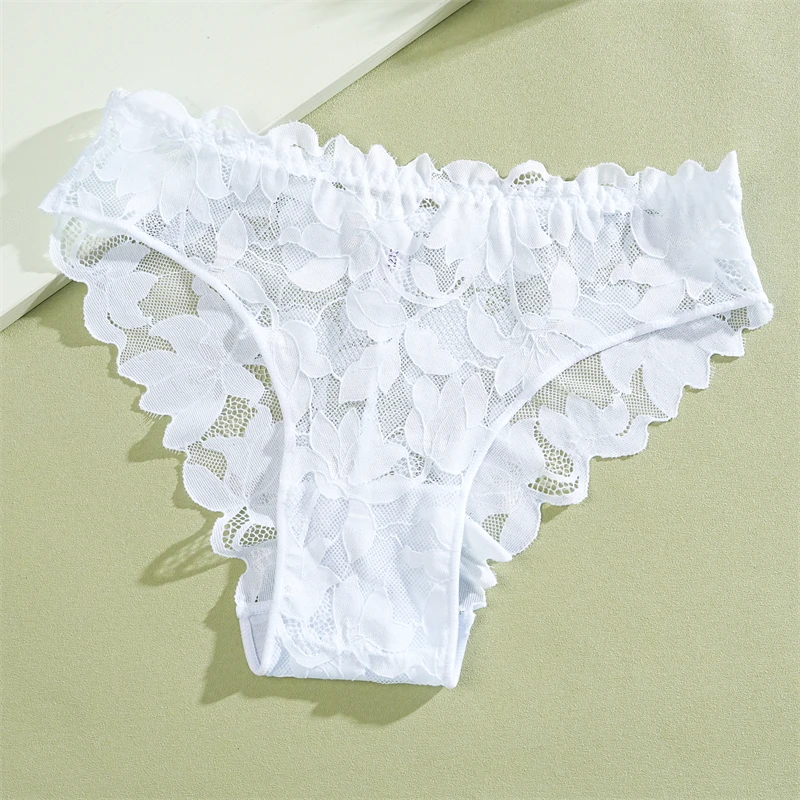 FINETOO 2 Stück Damen-Unterwäsche aus Satin mit Blumenspitze, sexy, aushöhlen, Höschen, solide, niedrige Taille, perspektivische Slips, Mädchen, weiche Dessous – Detail 13