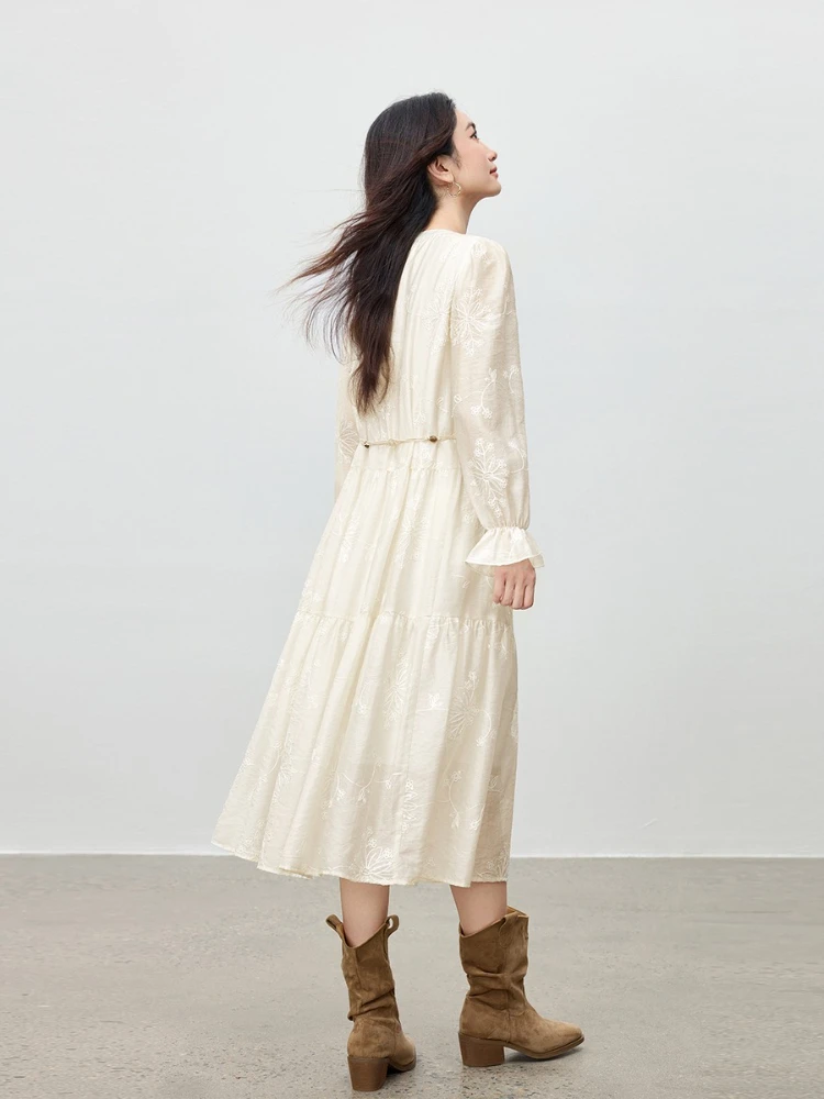 SENTUBILA Elegancka sukienka z lyocellu dla kobiet, kolekcja jesień 2025, sukienki o kroju litery A z długim rękawem, dekolt okrągły, bufiaste rękawy, luźne sukienki Q53LI3927