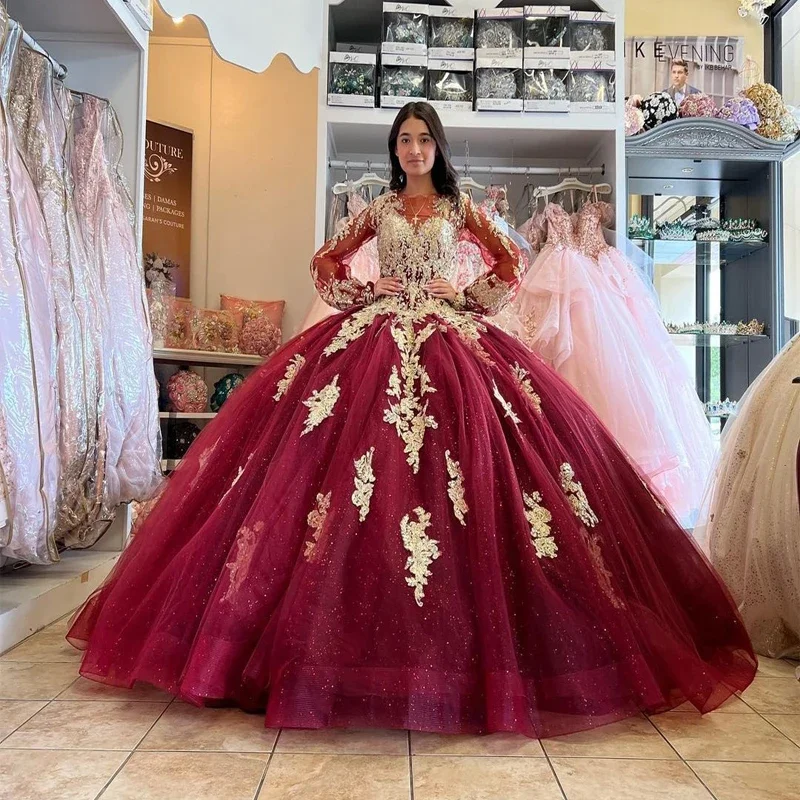 Vestido De cumpleaños rojo vino dulce 16, apliques De manga larga, Vestido De baile, vestidos De Quinceañera De 15 años