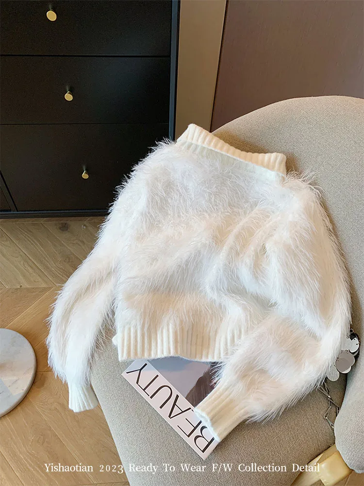 Korean 90s White Cardigans Warm Thicken Turtleneck Cozy Luxury Sweater Knitted Simple Fashion Faux Fur Outerwear Formal Occasion