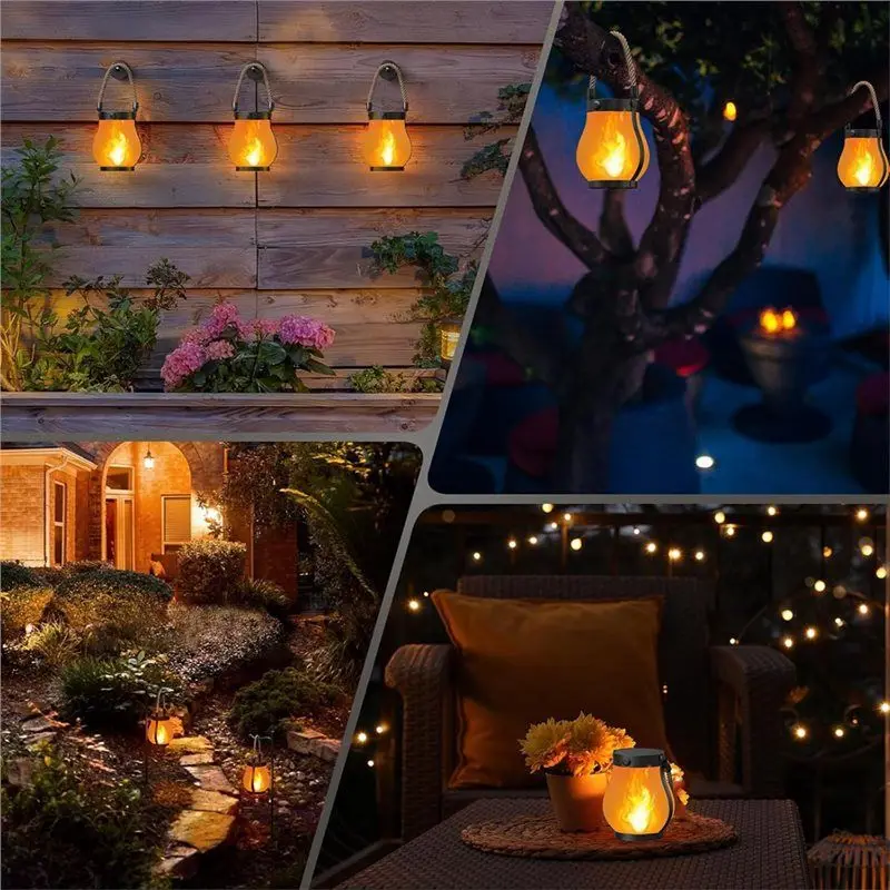 LICE-Outdoor Hanging Solar Lanterns 4PCS Flickering Flame Garden Lights With Dual Charging USB& Solar