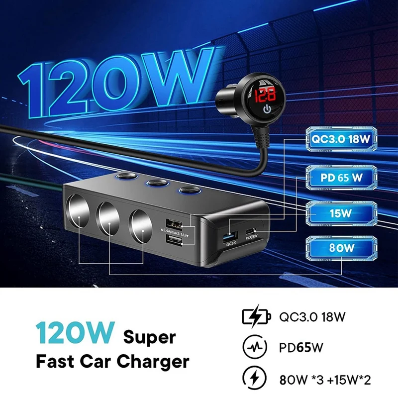 7 In 1 Car Cigarette Lighter 1 To 3 4USB Independent Switch QC3.0/Pd Fast Charge 120W Power Band Display, Easy To Use