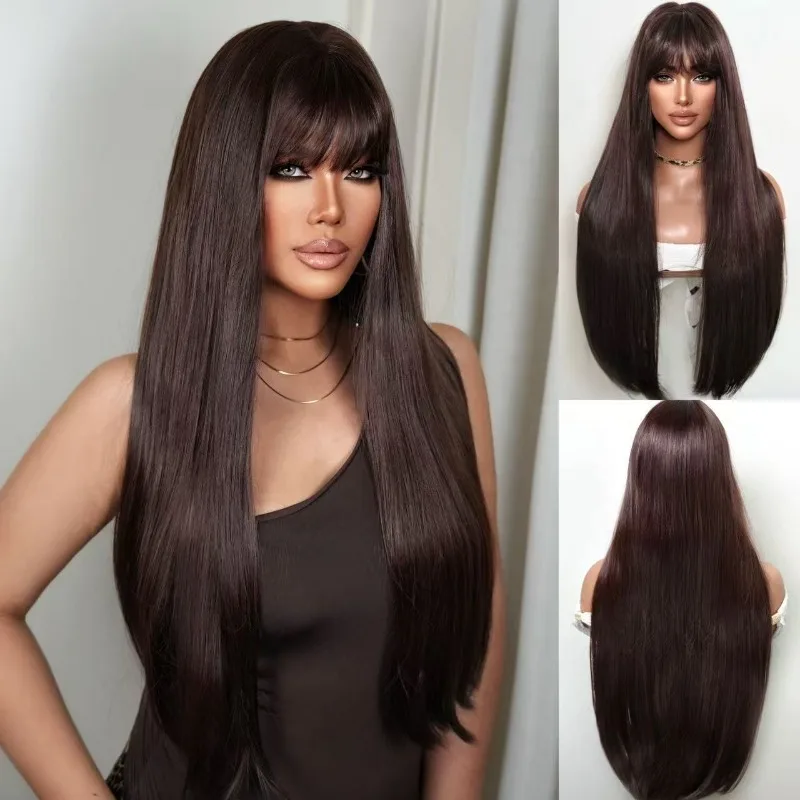 Brown Piano Hair Wig - Fashionable Women's Air Curtain Bangs Long Straight Hair Full Head Wig for Daily Use