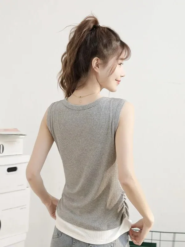 plus Size Patchwork Halter Neck Vest with Chest Pad Summer Korean Style V-Neck Sleeveless Top for Plump Women