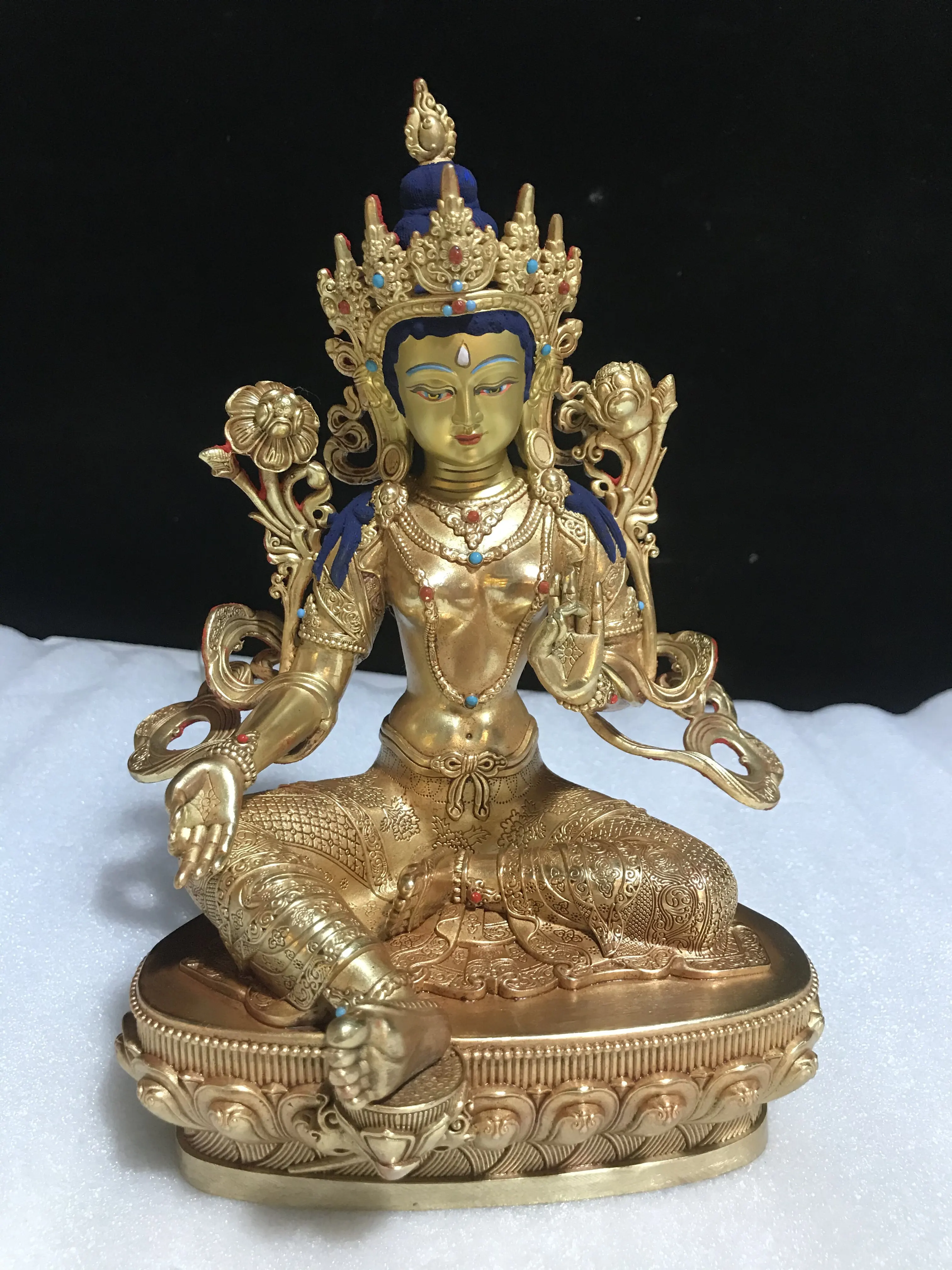 7-Inch Tibetan pure copper gilt green Tara Buddha statue, boutique brass tantra bronze statue ornament