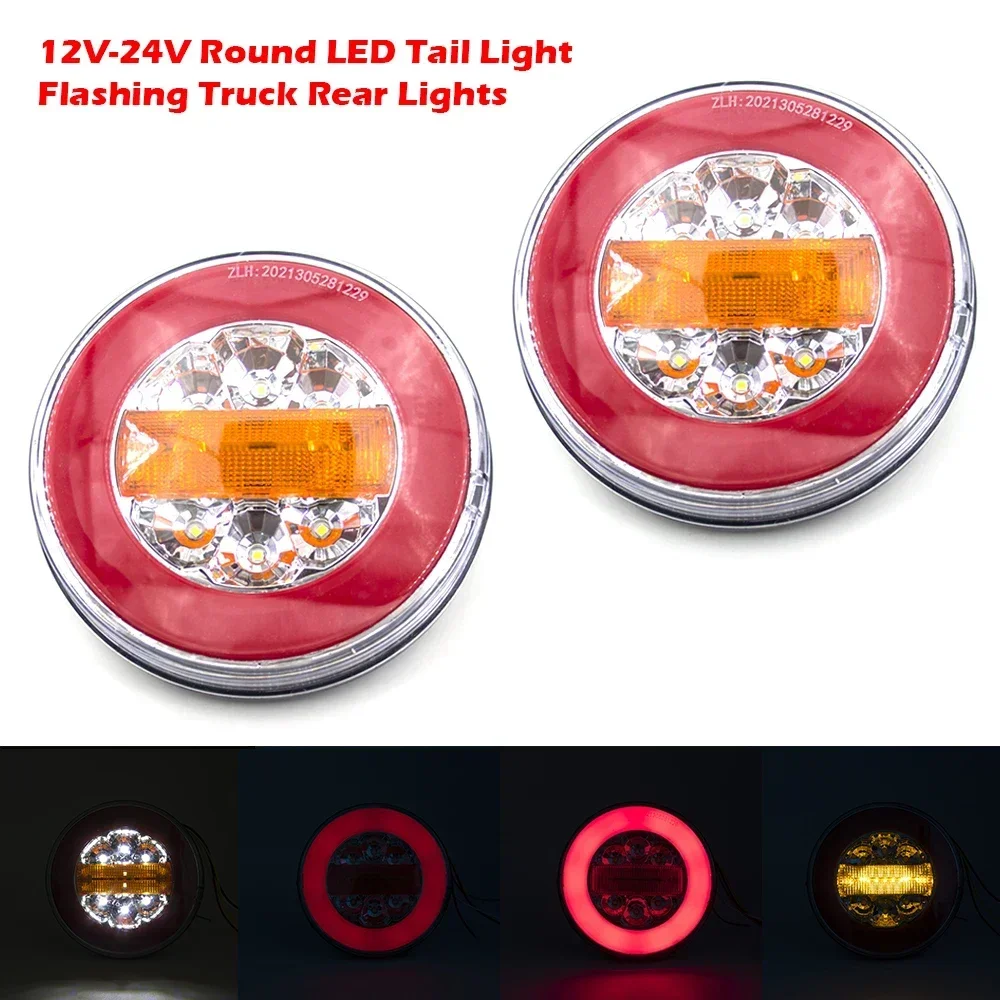 

2PCS Round LED 12V 24V Trailer Truck Dynamic Rear Tail Trun Signal Running Reverse Lamp Brake Stop Light Caravan Camper Lorry