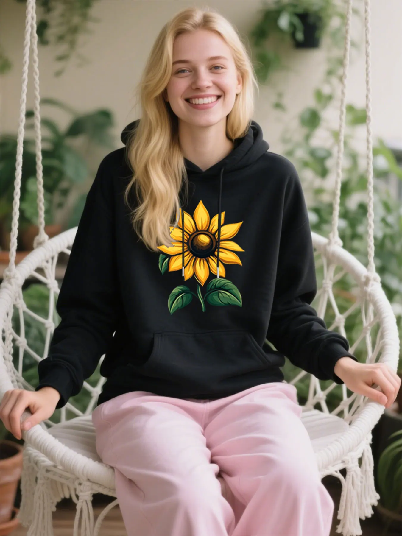 

Ladies Classic Soft Cotton Hoodie With Vibrant Sunflower Print For Thanksgiving, Comfortable Fit Outdoor Activities Wear