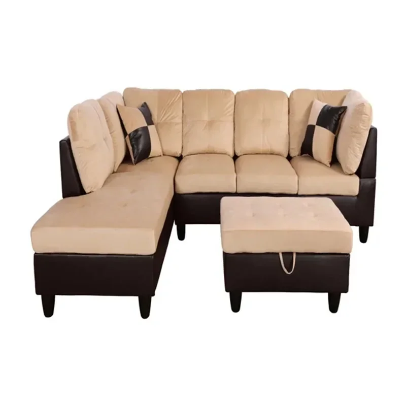 Luxurious Sofa L Shape Sofa,Beige and Brown Color 3-Piece Couch Sofa Set with Functional Ottoman,for Living Room,Apartment