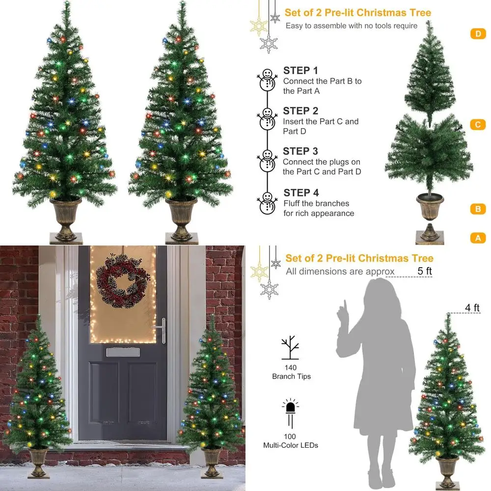 

Набор из 2 искусственных рождественских елок по 4 фута с 100 светодиодными фонарями, 8 режимов, на батарейках для праздничного декора