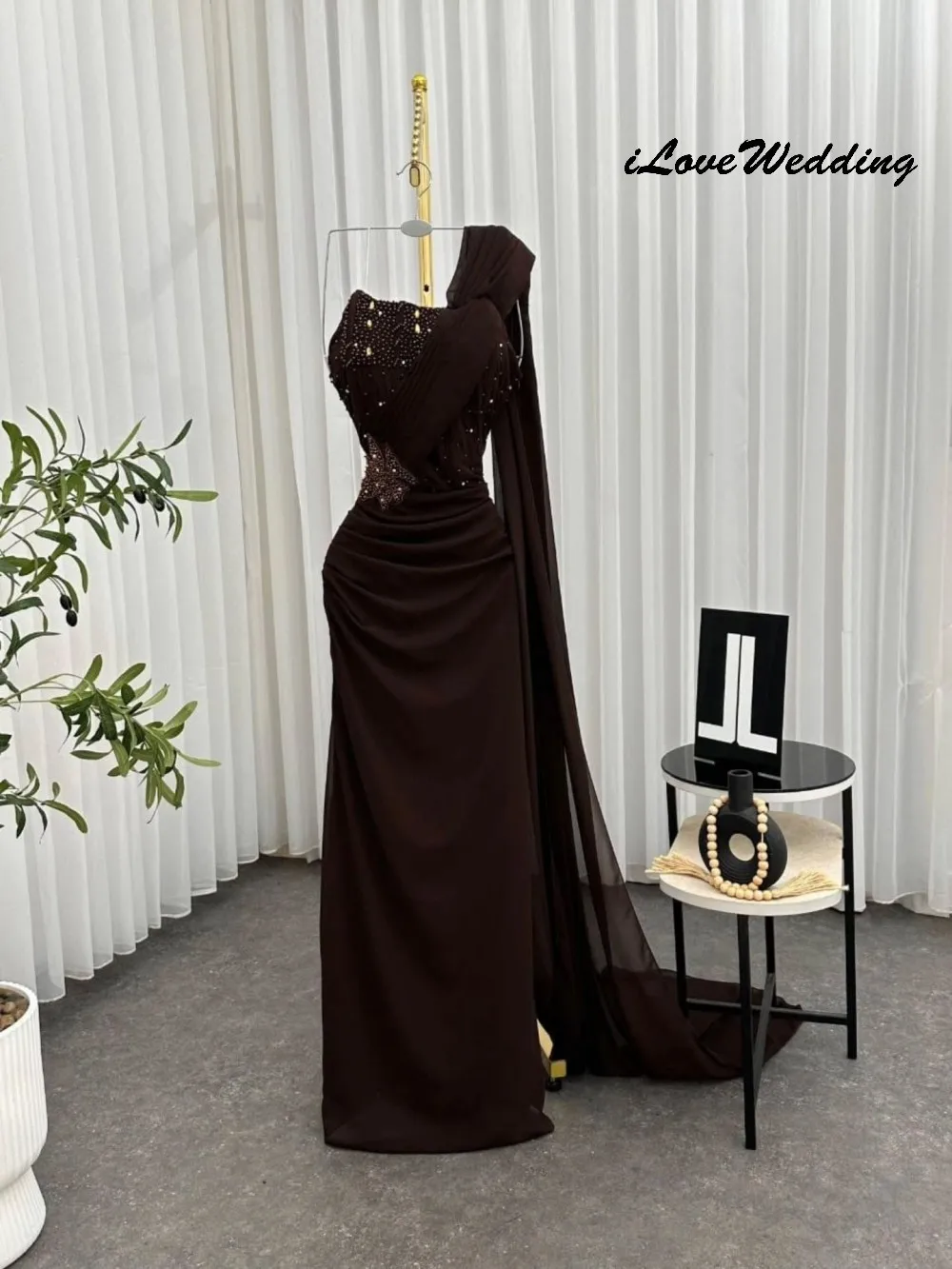 Vestido de fiesta con cuentas de color marrón oscuro 2025, vestido de fiesta elegante brillante con cuentas para mujer, cintas de gasa, vestidos formales hasta el suelo personalizados