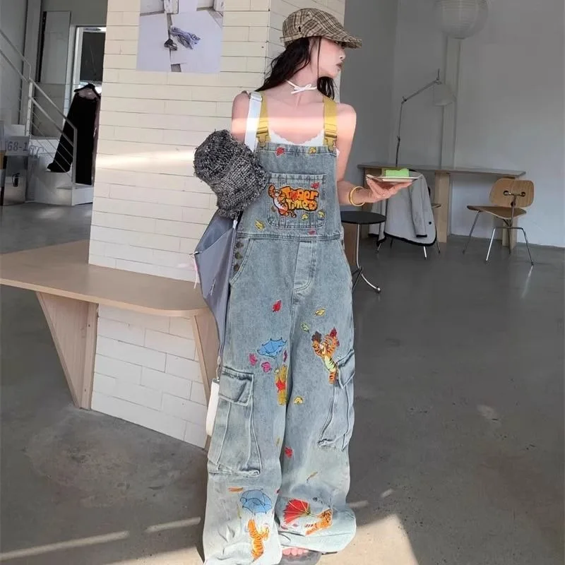 

korean climate lot pants Disney Women's Cartoon Embroidered Denim Overalls, Spring Summer Cute Kawaii Loose Straight Jumpsuits