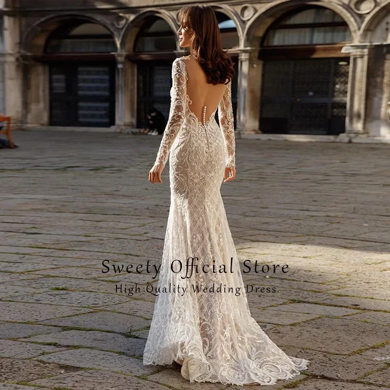 절묘한 인어 스타일 탈부착 가능한 2 in 1 웨딩 드레스 자수 레이스 네트 O넥 풀슬리브 신부 드레스 맞춤 제작