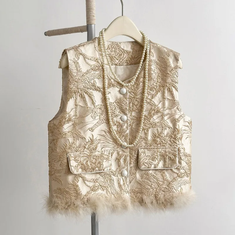 New Vintage Vests Jacquard Trend Spring Autumn Feather Patchwork Sleeveless Cardigan Waistcoat Women Jacket Single-Breasted Top
