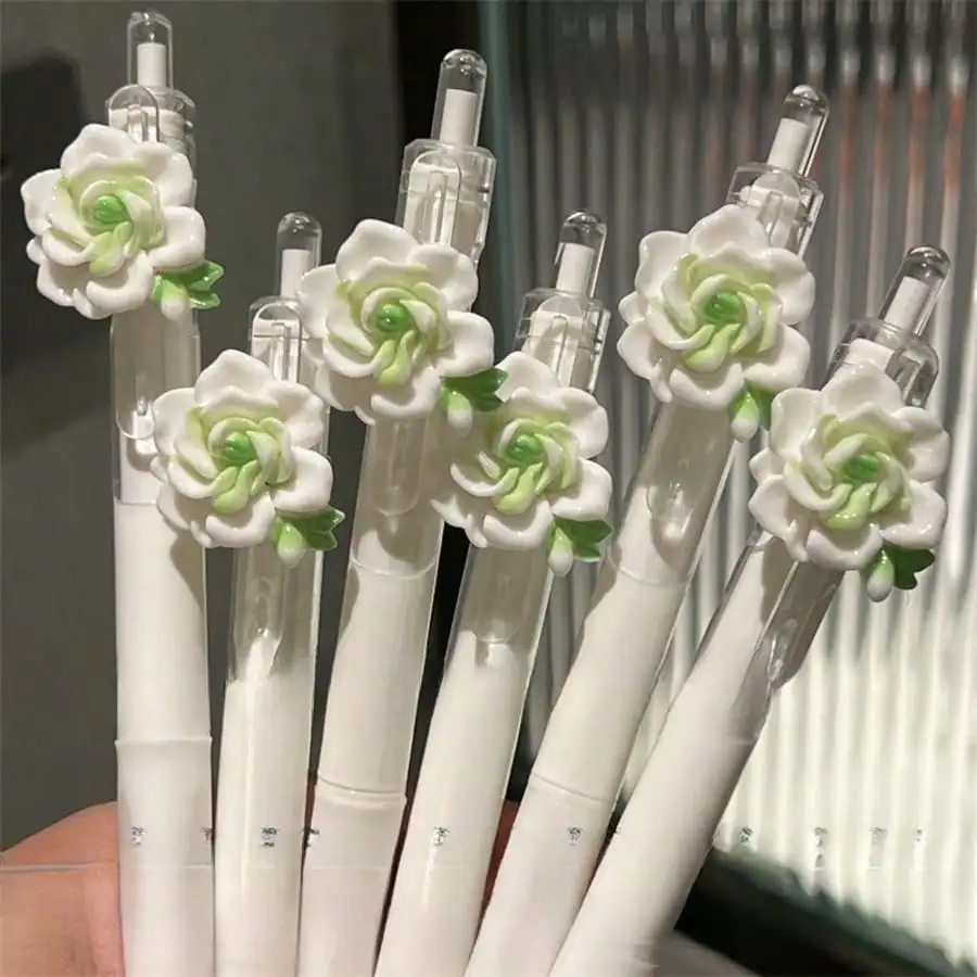 6 Pieces Jasmine Flowers Gel Pen with Draw-In Function, Multicolor Quick Drying Black Ink, 0.5mm Fine Tip - Liquid Writing