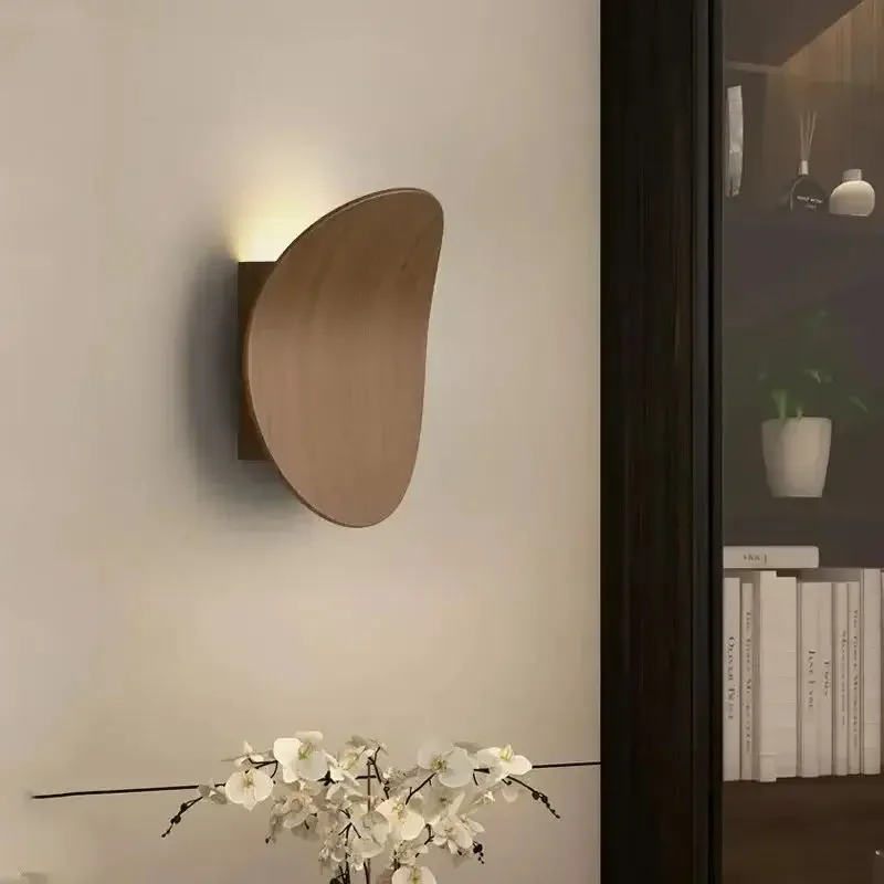 

Japanese creative LED wall lamp with metal wood grain Nordic circular light living room study bedside office room decoration