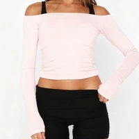 Women's Sporty Basic Off-Shoulder Top Casual Slim Fit Long Sleeve T-Shirt Stylish Solid Color for Fall - Image 4