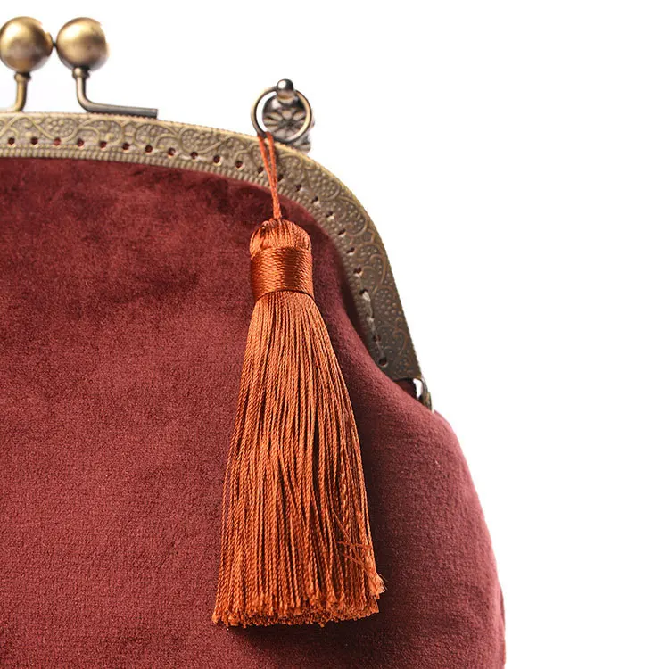 Female Vintage Handmade Velvet Minimalist Simple Hanfu Bag Lady Chinese Wedding Fringed Small Size Phone Side Sling Shoulder Bag