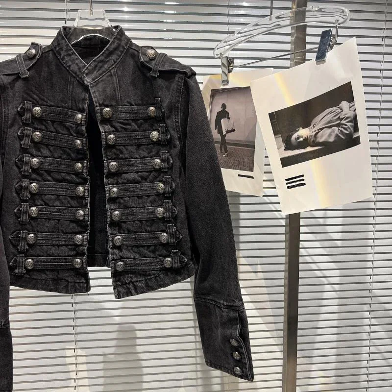 فاسق نمط أسود الوقوف طوق الدنيم الستر خمر غسلها معطف المحرك للنساء 2025 الخريف جديد فضفاض كم طويل ملابس خارجية