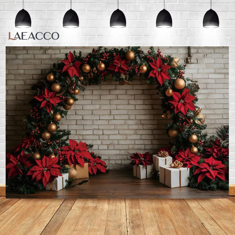 Merry Christmas Background Photography Gray Brick Wall Xmas Tree Gift Red Green Garland Arch Wedding Birthday Photo Backdrop
