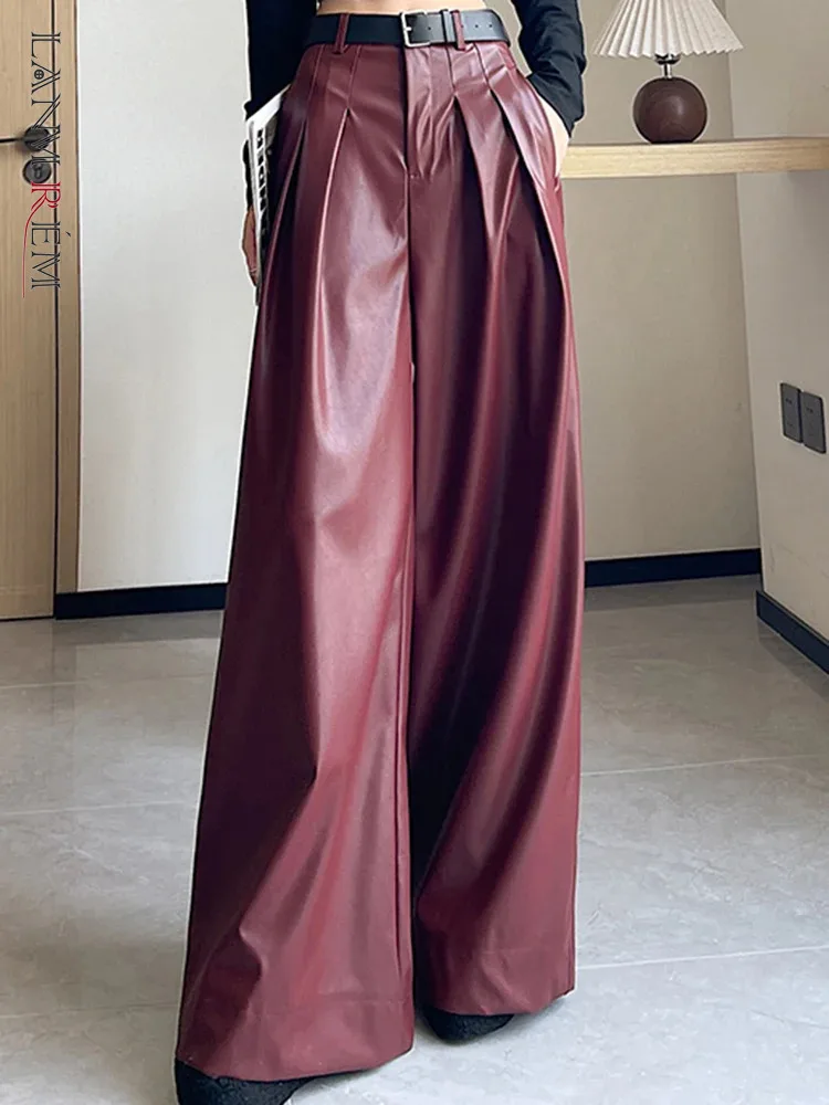 LANMREM Wine Red PU Leather Pants Women's Autumn And Winter New Style High Waist Hanging Wide Leg Straight Trousers 2DB1965