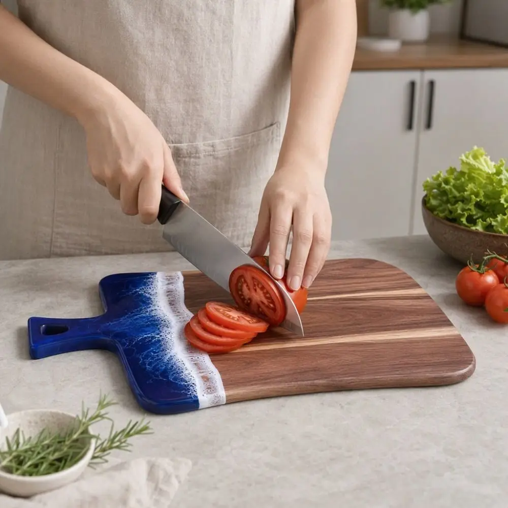 Sea Wave Pattern Resin-Wood Splicing Cutting Board Hanging Handle Thickened Cheese Platter Rectangular Bread Serving Board