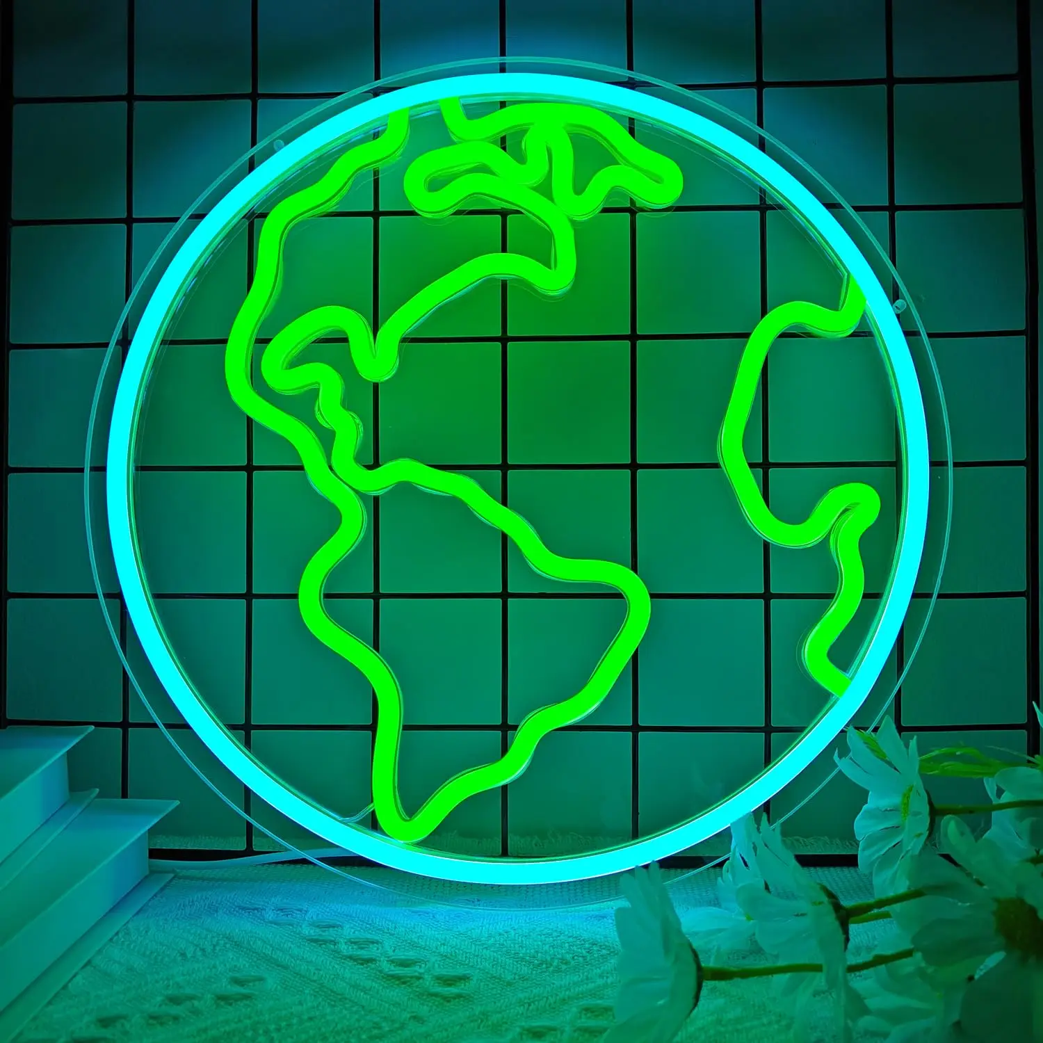 

Earth Neon Sign LED Dimmable USB Wall Light for Science Classroom Decor, Planet Ambient Lighting Gift for Kids Students