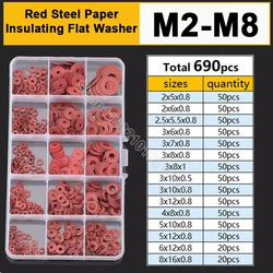 690Pc Red Steel Paper Fiber Insulating Flat Washer Set M2 M2.5 M3 M3.5 M4 M5 M6 M8 Insulation Plain Gasket Ring Meson Spacer Kit