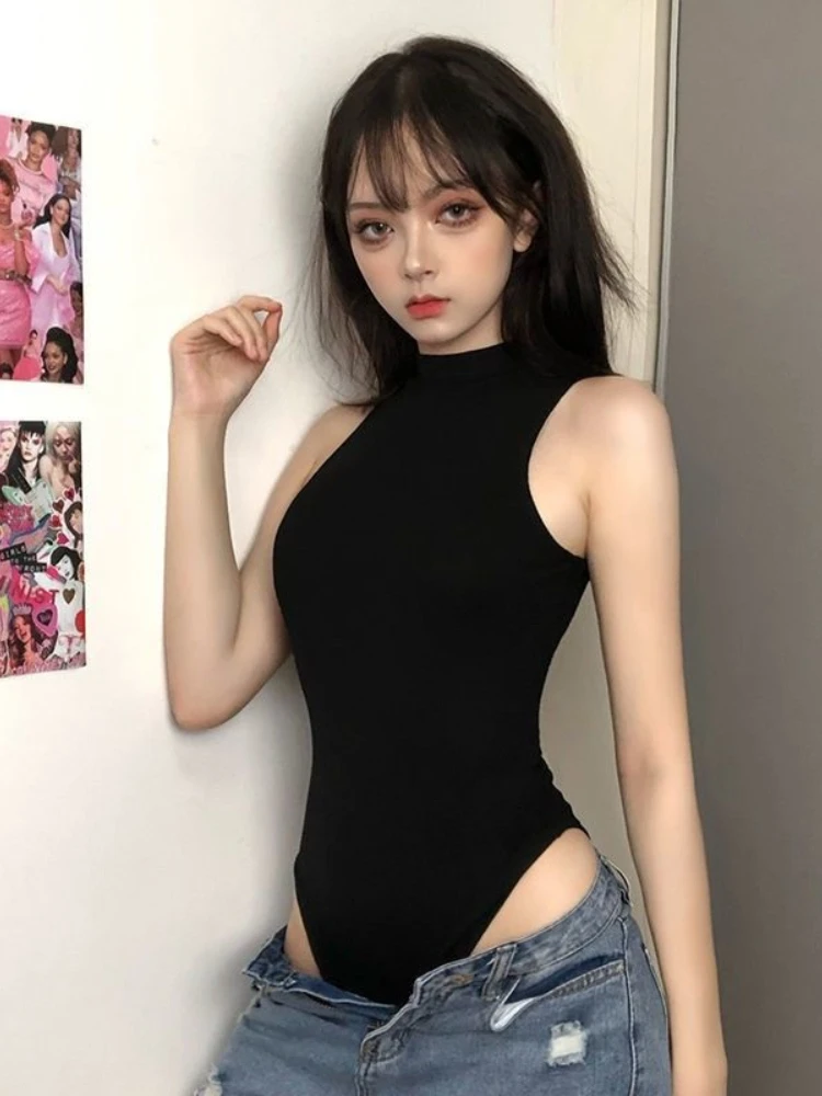 Harajuku Street Women Bodysuit Dark Punk Style Sleeveless Tank Top Hottie Black Tights Slim All-match Underlay Jumpsuit Maiden