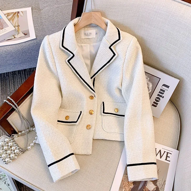 

Cropped Tweed Jacket Women Elegant Contrast Colors Outwear Engle V-Neck Long Sleeev Blazer Coat Ladies Office Work Suit Jacket