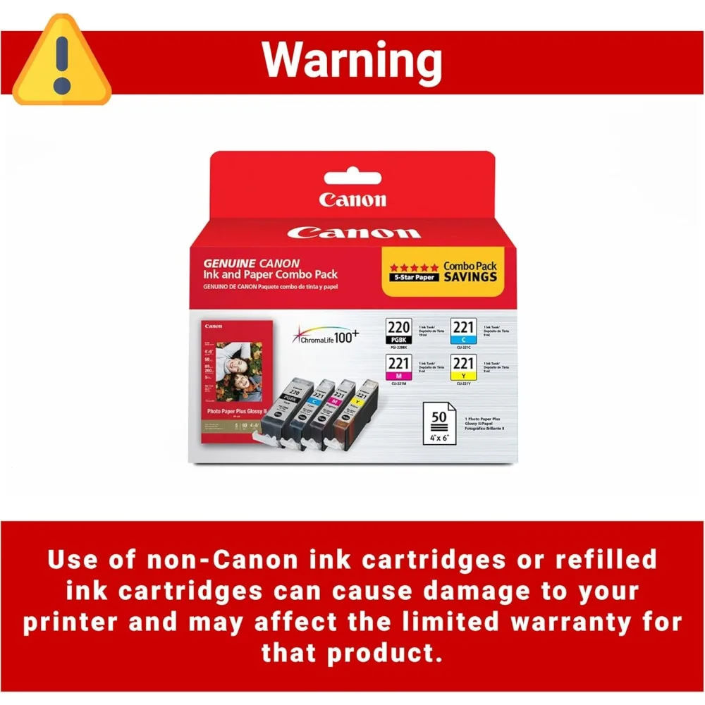 Paket Kombo Asli Canon PG-220/CL-221 dengan 50 Lembar Kertas Foto, Kompatibel dengan MP980, MP560, MP620, MP640, MP990, MX860, MX8