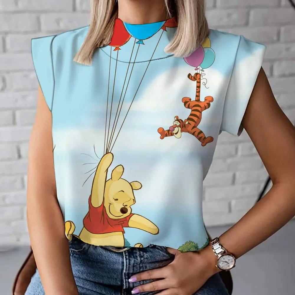 تي شيرت نسائي بياقة عالية من Winnie the Pooh كارتون ، كم قصير ، مريح ، كاجوال ، عصري