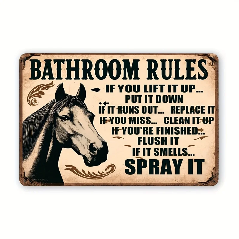 Contains humorous bathroom rules with illustrations of horses，Very suitable for country-style home wall art，Pre-drilled holes